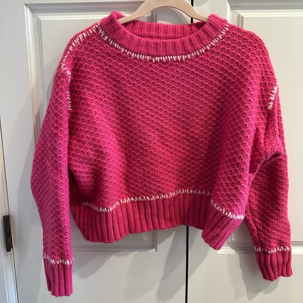 Strut and bolt hot pink sweater with white stitching. Size M